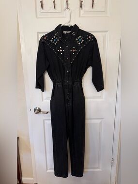 Petite Sophisticate Black Studded Denim Overalls with Multi-Color Accents